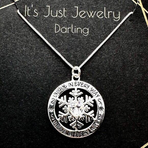 Sterling Silver Womans Necklace CZ Snowflake "Unique In Every Way" Pendant - Picture 1 of 2